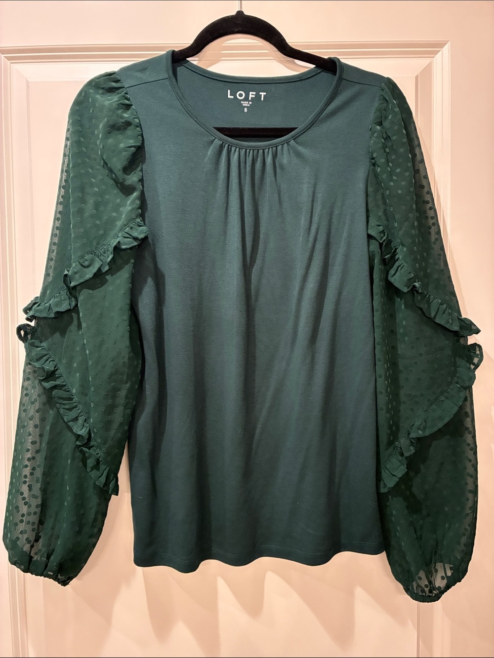 LOFT Emerald Green Ruffle Swiss Dot Long Sleeve Top
